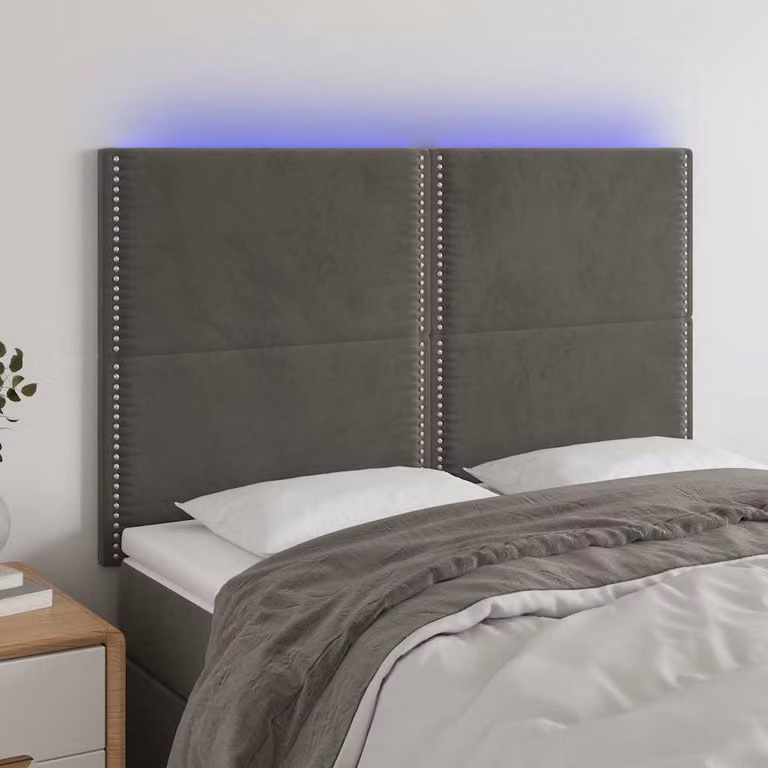 Testiera per letto vidaXL in velluto grigio con illuminazione LED e porta di ricarica USB, L: 144 cm, P: 5 cm, H: 118/128 cm