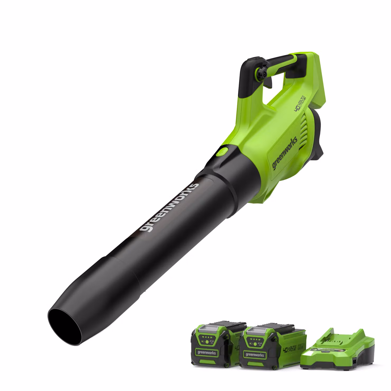 Soffiatore Greenworks 40V Gen. II con 2 batterie da 2Ah, velocità 210 km/h, colore verde
