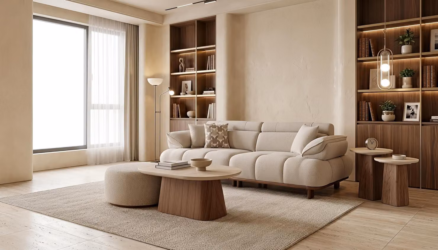 Divano a 3 posti, tavolino, poggiapiedi, tavolino ausiliario, design moderno, colore beige, elegante