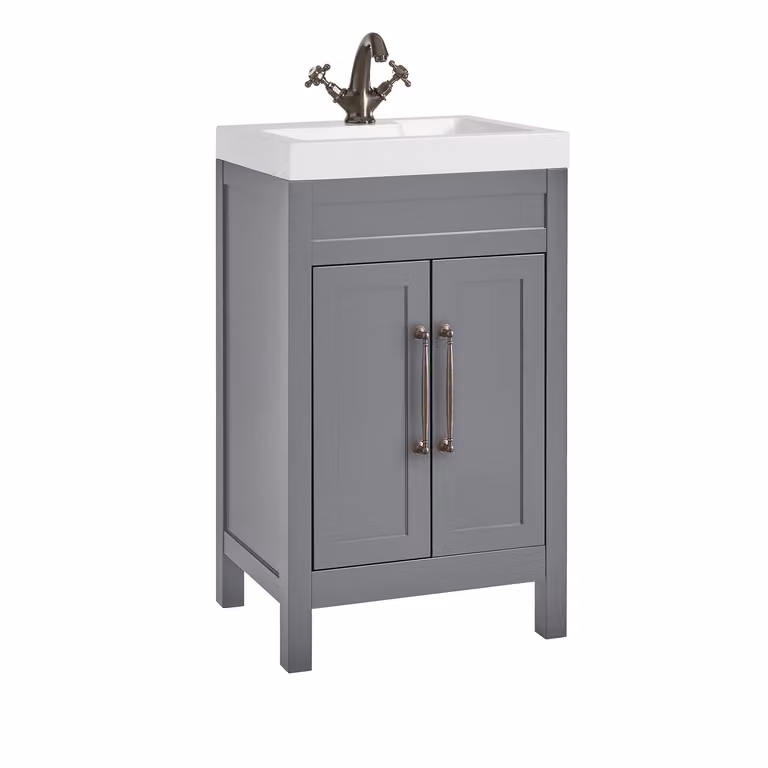 Mobile Bagno Grigio Chiaro da 500mm con Lavabo e Maniglia Classica con Barra a T in in Bronzo Spazzolato - Warwick