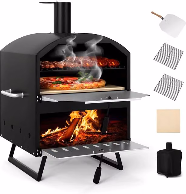 Forno per pizza da esterno Outsunny in metallo e acciaio inox nero e argento, portatile, L: 61 cm, P: 53 cm, H: 83 cm