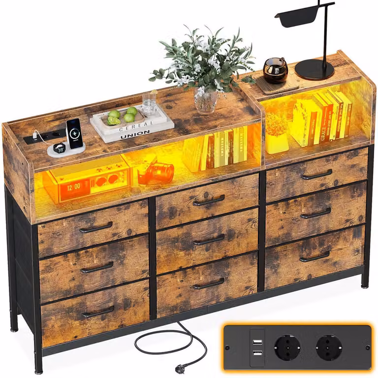 Comodino con 9 cassetti rivestiti in tessuto, 2 prese di corrente, 2 porte USB, striscia LED a 10 colori, dimensioni 130x30x97 cm, stile retrò