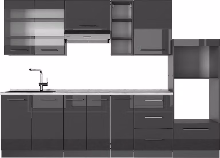 Cucina componibile Vicco Fame-Line Antracite lucido 280 cm , PL Marmo, Model 56850