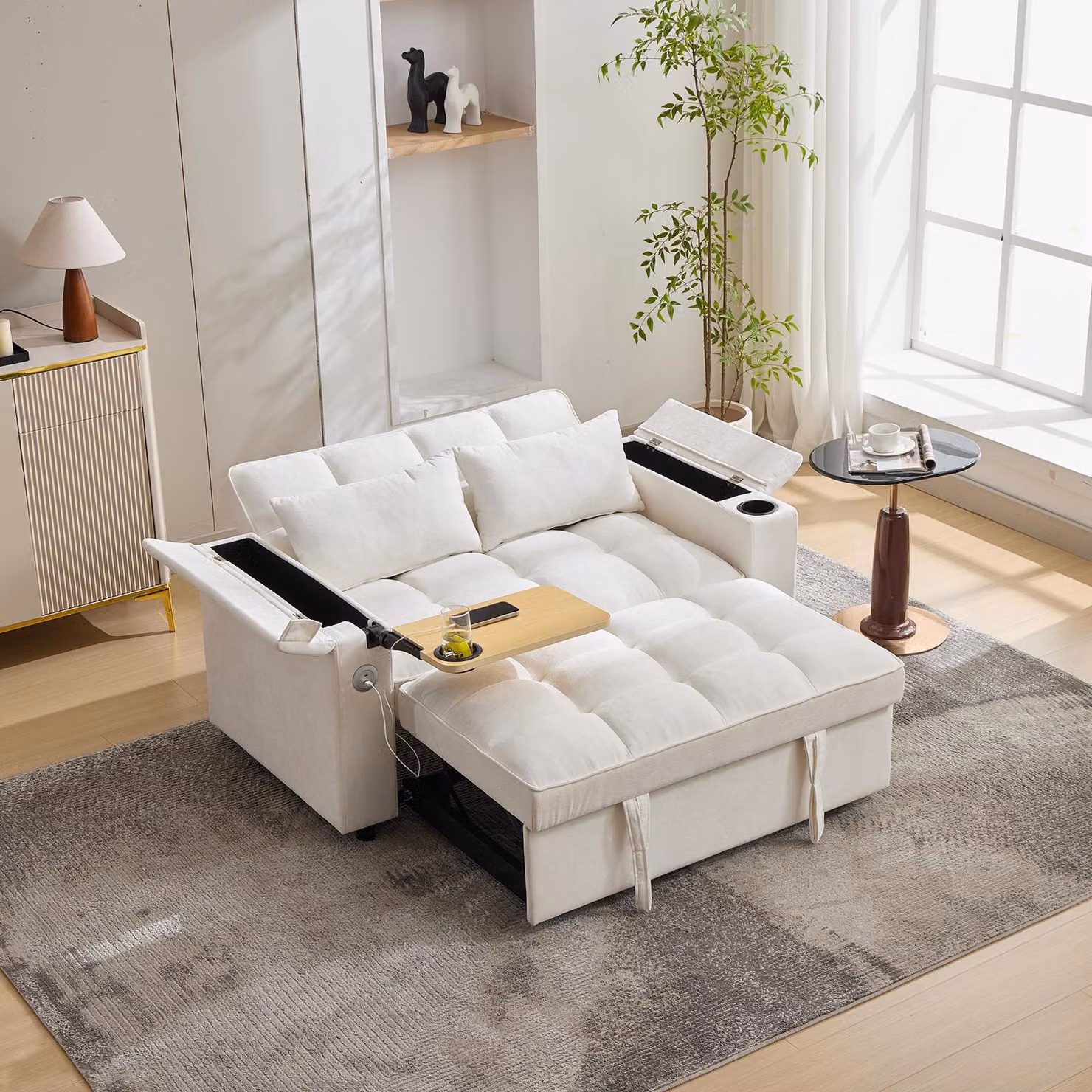 Divano letto STILVORA 3 in 1, con schienale regolabile e porta USB, divano lounge a 2 posti con tavolino nascosto e portabevande, beige