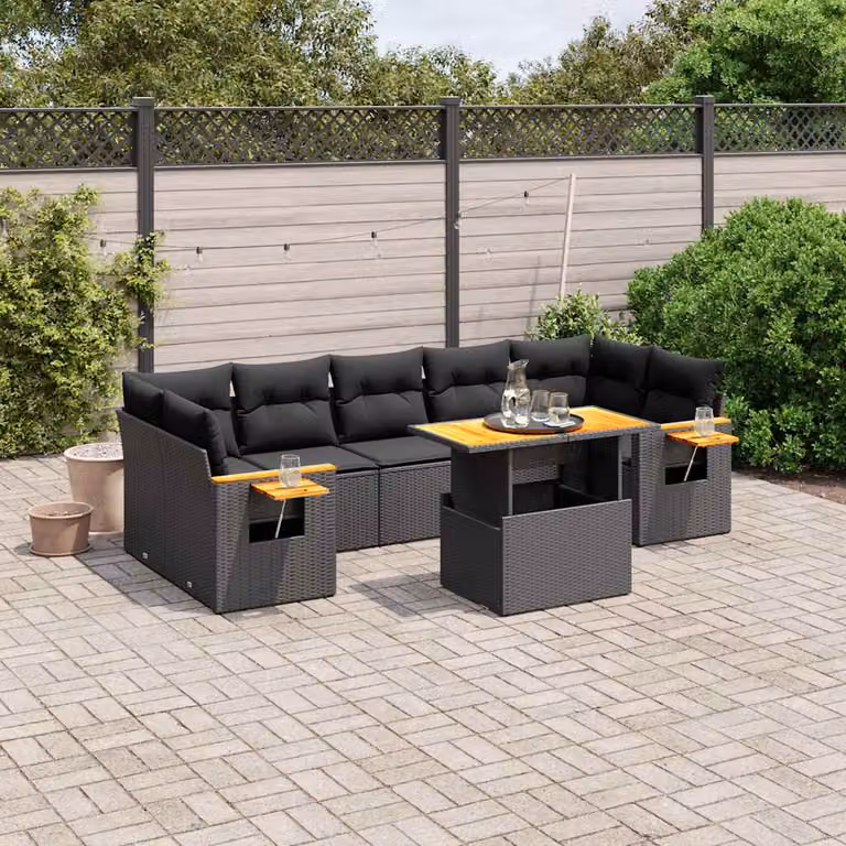 Set Divani da Giardino a L vidaXL in Polyrattan Nero con 8 Pezzi e Cuscini Imbottiti