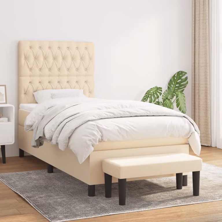 The Living Store Letto a molle con materasso crema 90x190 cm in tessuto