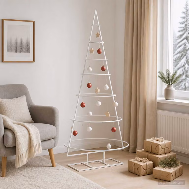Albero di Natale moderno vidaXL KUOPIO in metallo bianco con supporto, Altezza: 150 cm