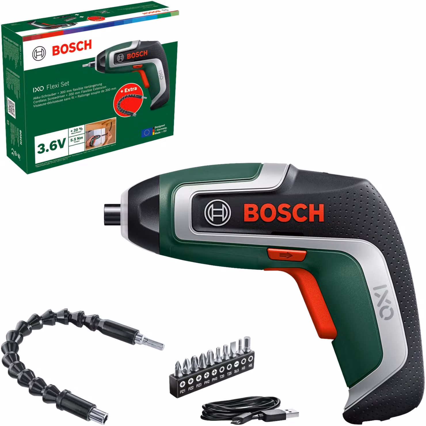 BOSCH Home & Garden 06039E000A BOSCH Home & Garden IXO 7 Flexi Set Akku-Schrauber-Set 3,6 V, mit 1 Akku