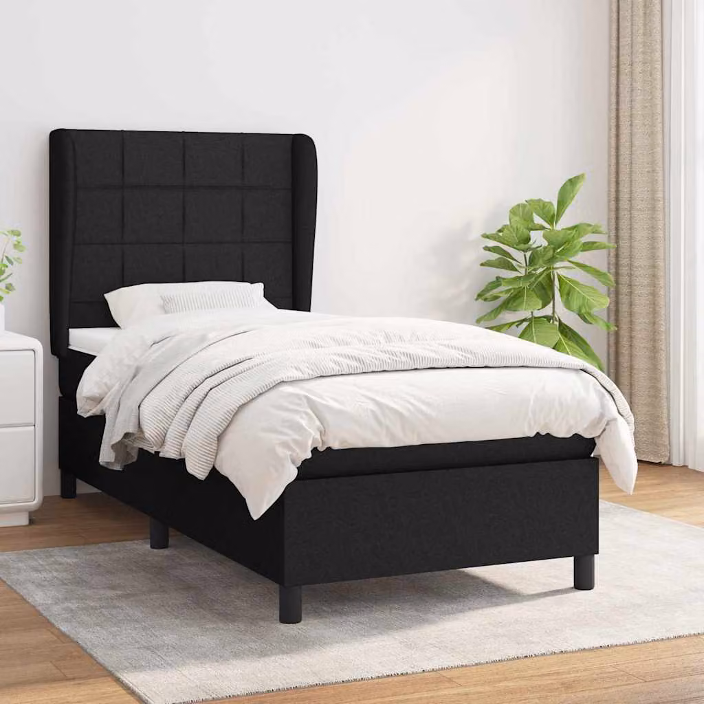 vidaXL Letto Ibrido con Giroletto a Molle e Materasso in Tessuto Nero, L/P/H: 90 x 200 x 128 cm – 1