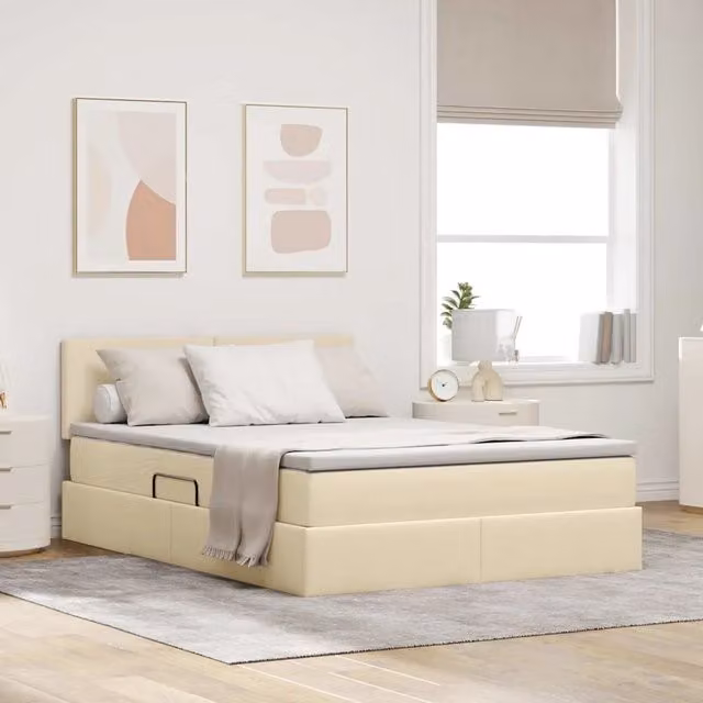 Letto con contenitore vidaXL in tessuto beige con illuminazione LED, porte USB e materasso a molle, L/P/H: 140 x 200 x 144 cm