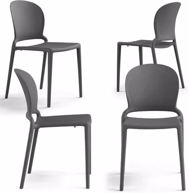 Set 4 sedie in polipropilene JASMINE, impilabile, resistente ai raggi UV, design moderno, ideale per sala da pranzo, cucina, sala d’attesa, bar, ristoranti o giardino colore Cemento