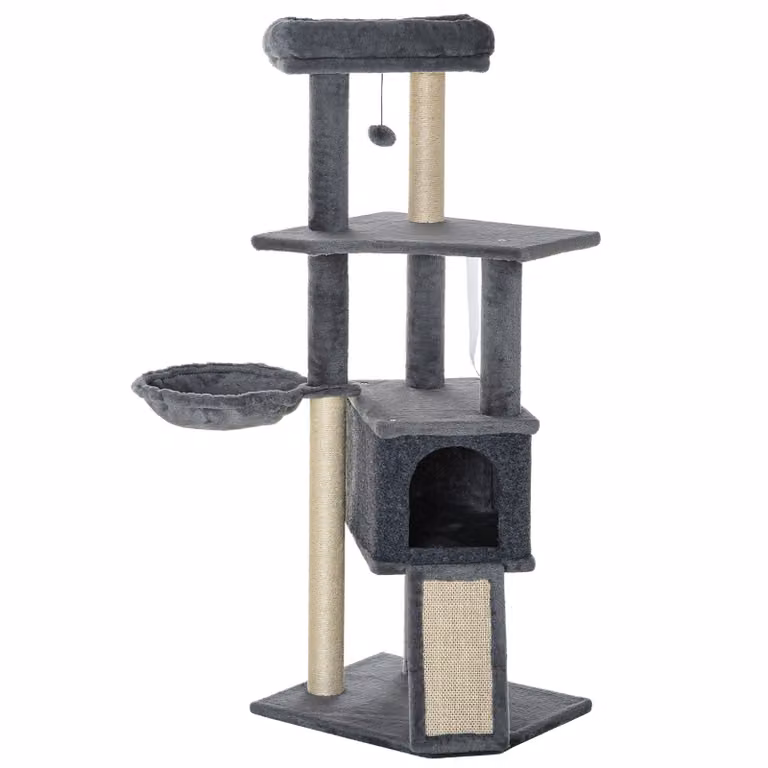 Tiragraffi PawHut, centro attività multiattrezzato, tiragraffi, gioco tiragraffi, palline sospese, piattaforme per cucce, grigio