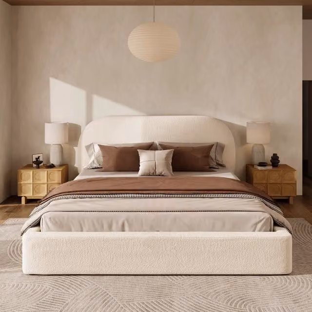 Letto Imbottito REDOM in Bouclé Beige con Rete a Doghe L/P: 180 x 200 cm, H: 223 cm