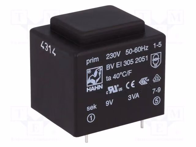 1 trasformatore: rivestito, 230 VAC, 9 V, 334 mA. Montaggio: 3 VA, 111 g. Modello: BV EI 305 2051 -Tra