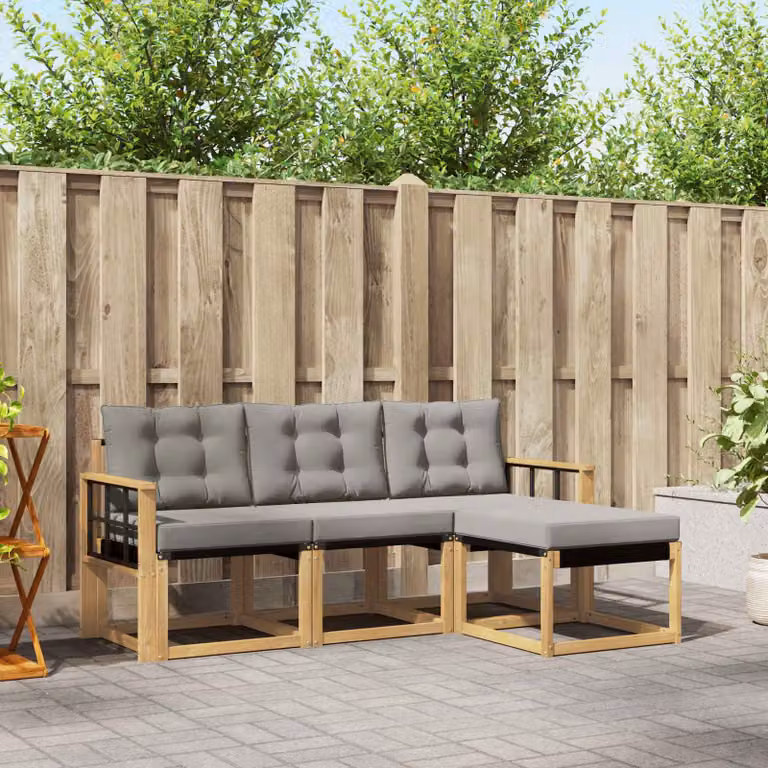 vidaXL Set di divani da esterno a L in legno di acacia con pouf e cuscini, Bianco e Grigio Chiaro
