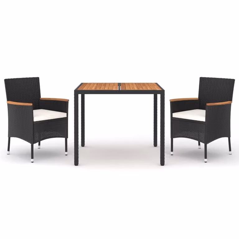 Set da Pranzo da Giardino 3 pz con Cuscini Nero in Polyrattan