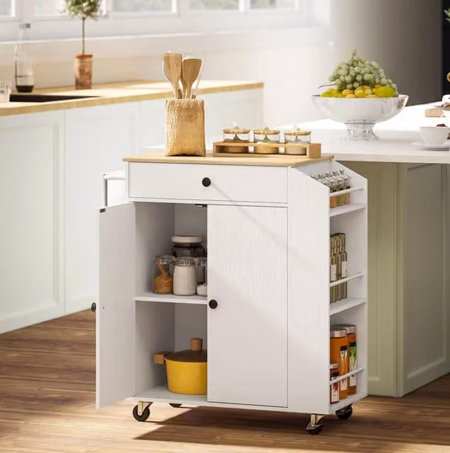 Carrello da cucina con piano di lavoro, armadio e cassetto su ruote per ordine e praticità