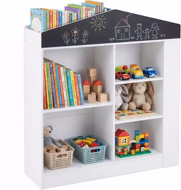 Scaffale portagiochi in legno per bambini con 11 scomparti e lavagna, Libreria bianca per cameretta L: 94 cm, P: 30 cm, H: 102 cm