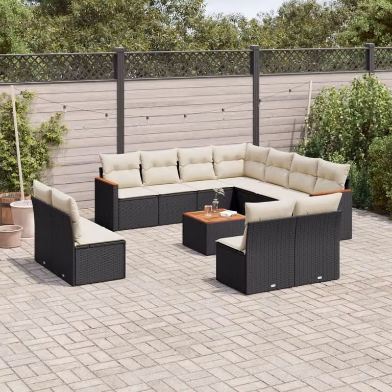vidaXL Set Divani da Giardino a Forma di U in Polyrattan con Cuscini e Tavolino da Caffè, Nero e Bianco