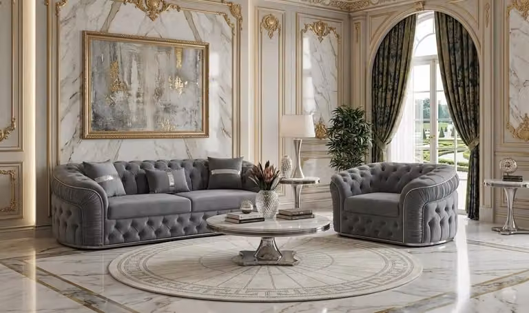 Divano e poltrona Chesterfield classici, grigi, in tessuto, divano a 3 posti, set da 2 pezzi