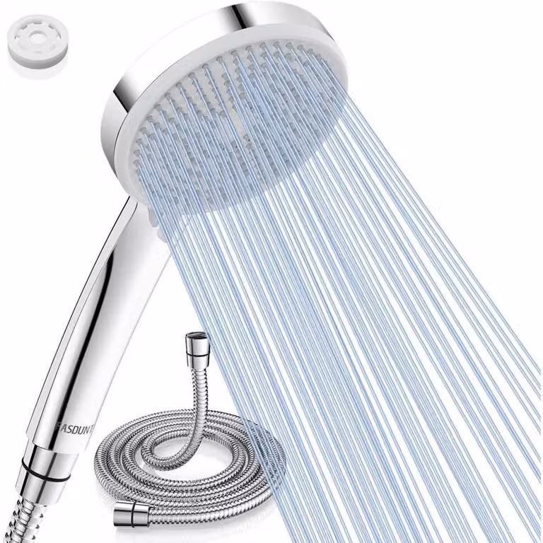 Doccia con flessibile da 2 metri, a risparmio idrico, con 5 tipi di getto, aumento della pressione del 200%, portata di 9,5 litri al minuto, colore argento/grigio