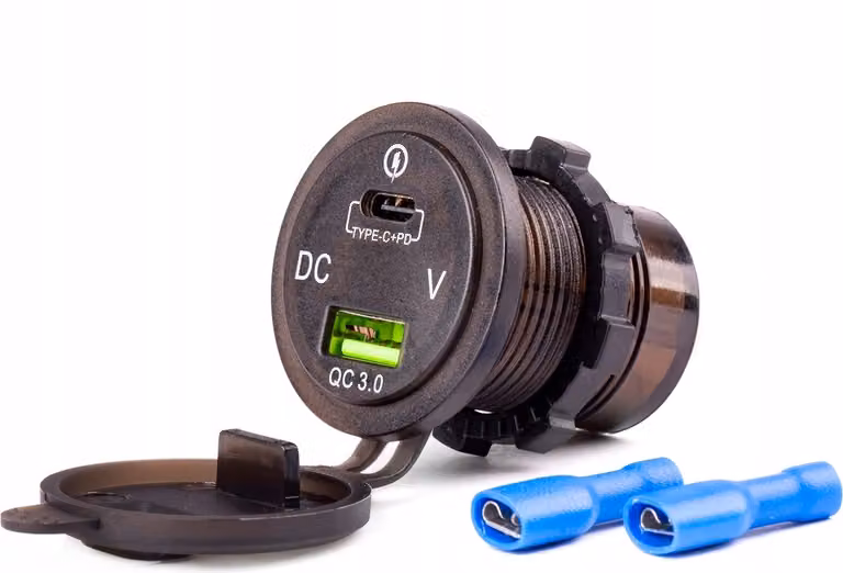 Caricabatterie impermeabile con prese USB e tester di tensione + USB-C 12V 24V