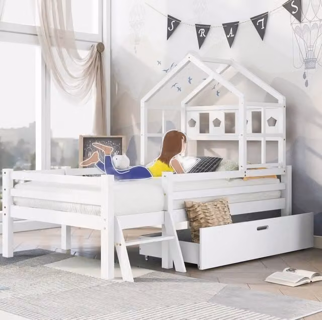 Letto a soppalco per bambini 90x200 cm bianco con scala, cassetto e rete