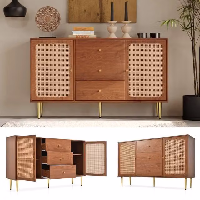 Cassettiera con 2 Ante e 3 Cassetti in Rattan ¨C MINIMAL ¨C Noce 150x40x90 cm