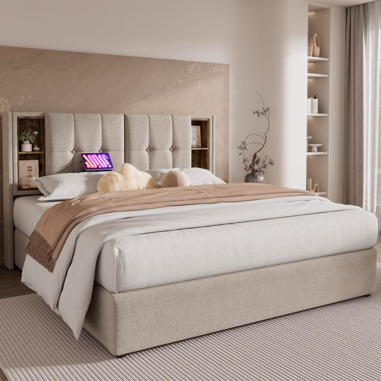Letto imbottito 160 x 200 cm con spazio contenitore, ricarica wireless, 2 porte USB e una porta di tipo C, rete a doghe in legno e vani portaoggetti, rivestito in lino naturale