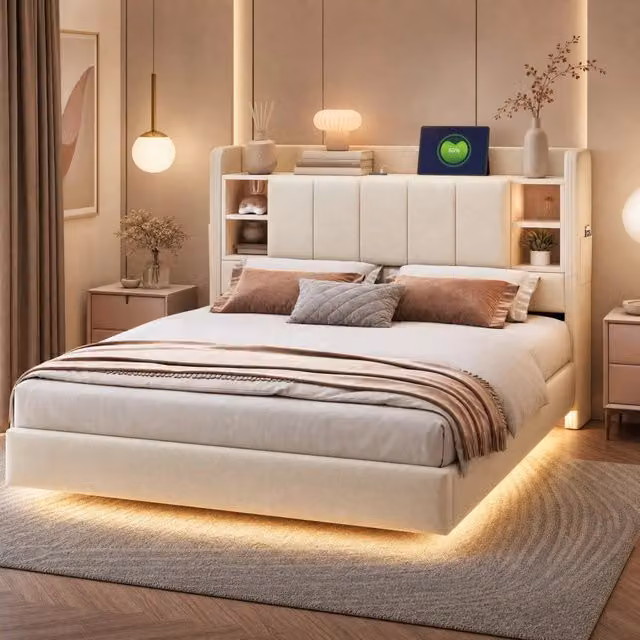 Letto imbottito 140x200 cm beige, struttura in metallo, testiera con vani