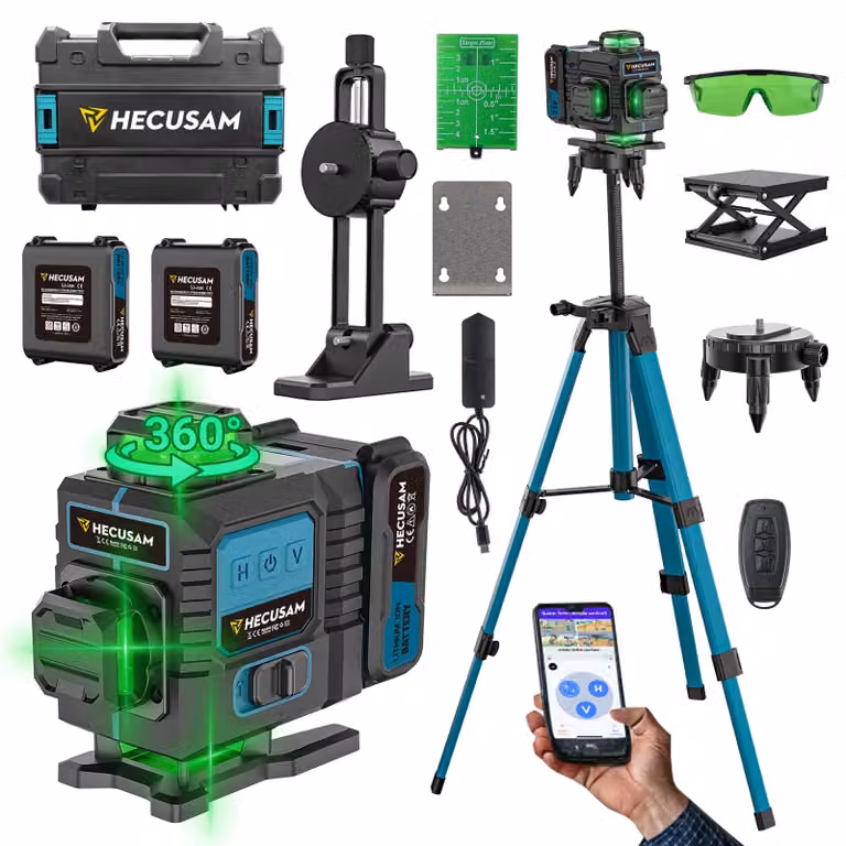Livella laser a croce con stativo - Rotazione a 360 gradi - 4 linee laser a 360° (verde) - Livella