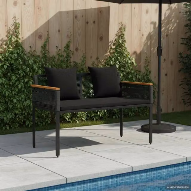 Panchina da esterno vidaXL in rattan e metallo con braccioli, colore nero, L: 117 cm, P: 54 cm, H: 74.5 cm