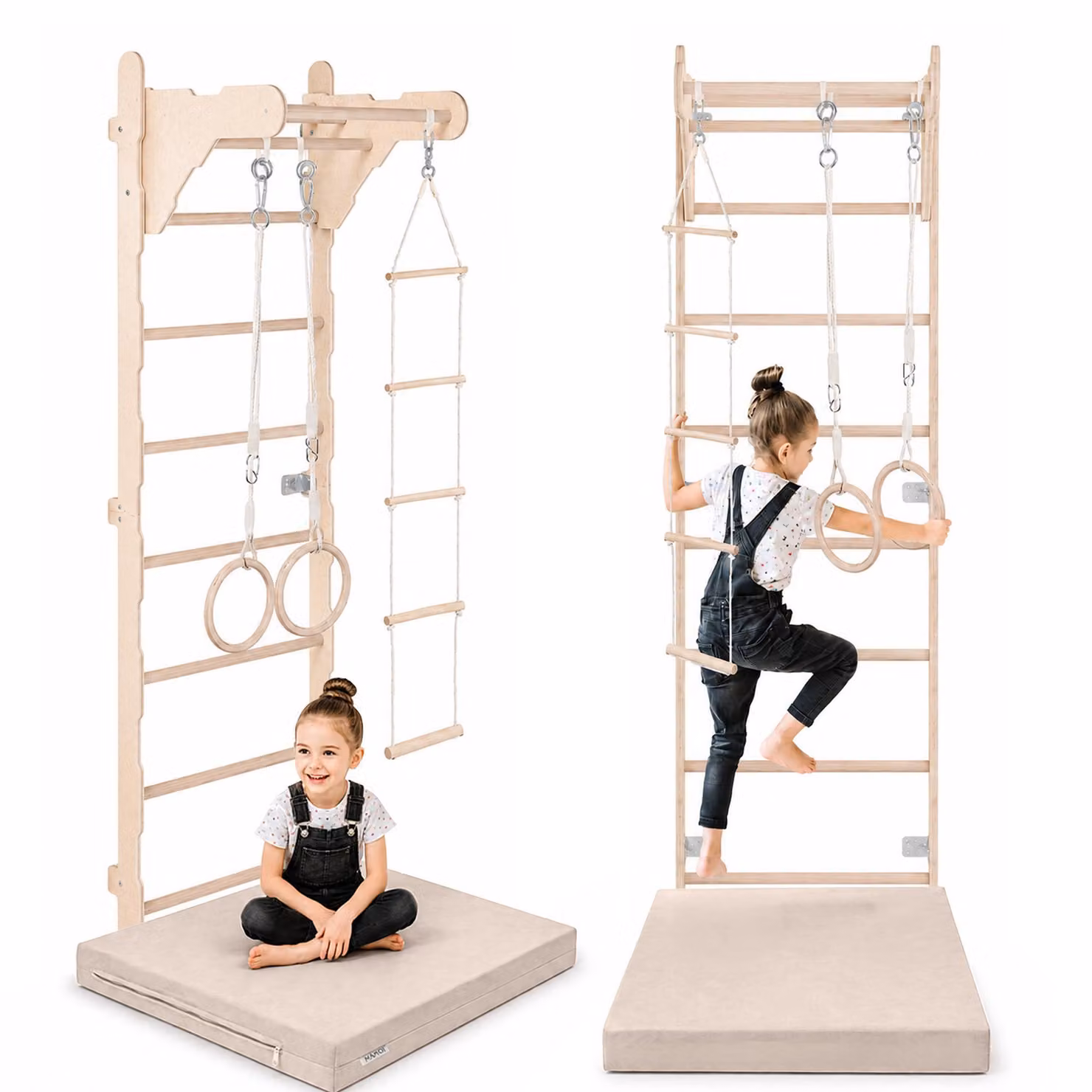 Scala da ginnastica per bambini (210 cm) | Scala da parete in legno | Struttura da arrampicata per bambini | Ruote da ginnastica | Materassino protettivo | Scala in corda | 100% ECO