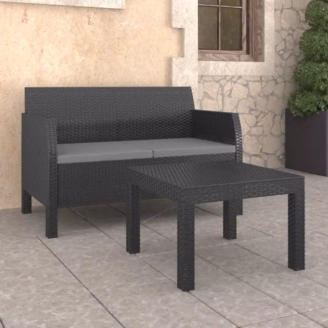 Set da giardino vidaXL composto da 2 divani da esterno e tavolino in rattan color antracite con cuscini inclusi