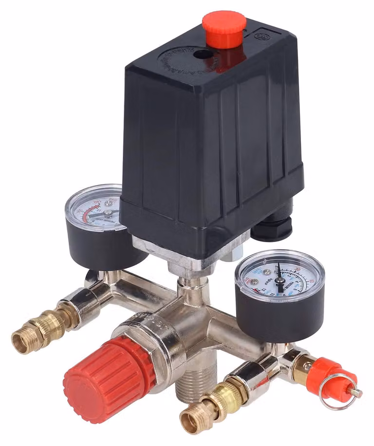 Kit di valvole di sicurezza per compressore d'aria, completo di manometri e regolatore di pressione