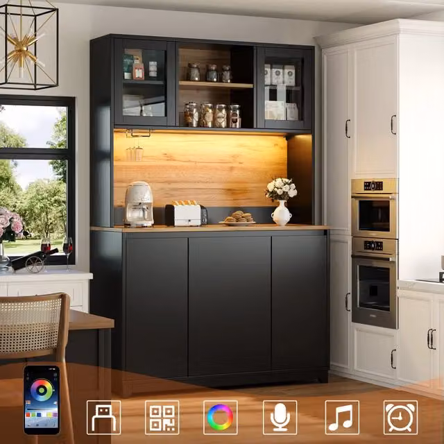 Mobile da cucina 120x40x180 cm, nero, con ante in acrilico e illuminazione LED