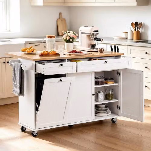 VEVOR Carrello da Cucina Moderno Bianco con Piano Pieghevole e Ruote, L: 153 cm, P: 47 cm, H: 18 cm