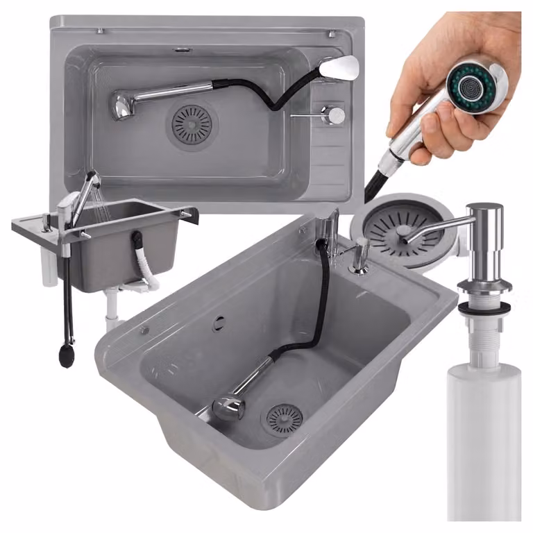 Granitan - Lavabo - Lavello - Grigio - con rubinetto e dispenser per sapone - per officina e garage - MONZA