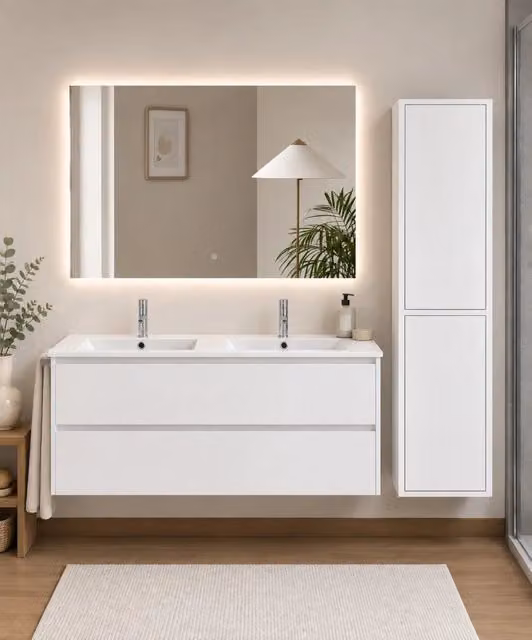 Mobile bagno con lavabo ORIGENBATH IBIZA senza specchio 120x45 cm doppio lavabo bianco con colonna