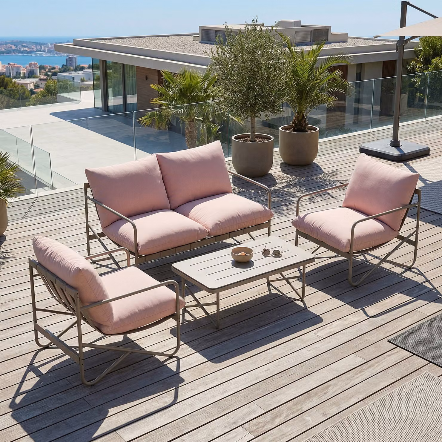Set da giardino Outsunny per 4 persone con divanetto, poltrone e tavolo in metallo rosa – 2