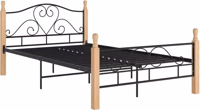 Letto matrimoniale per adulti in metallo e legno rovere, L/P/H: 120 x 200 x 90 cm, colore nero e marrone