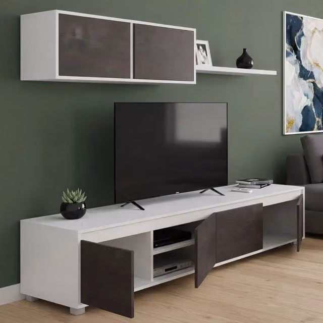 Mobile Soggiorno Amir, Parete Attrezzata Modulabile, 200x41x43h cm Bianco