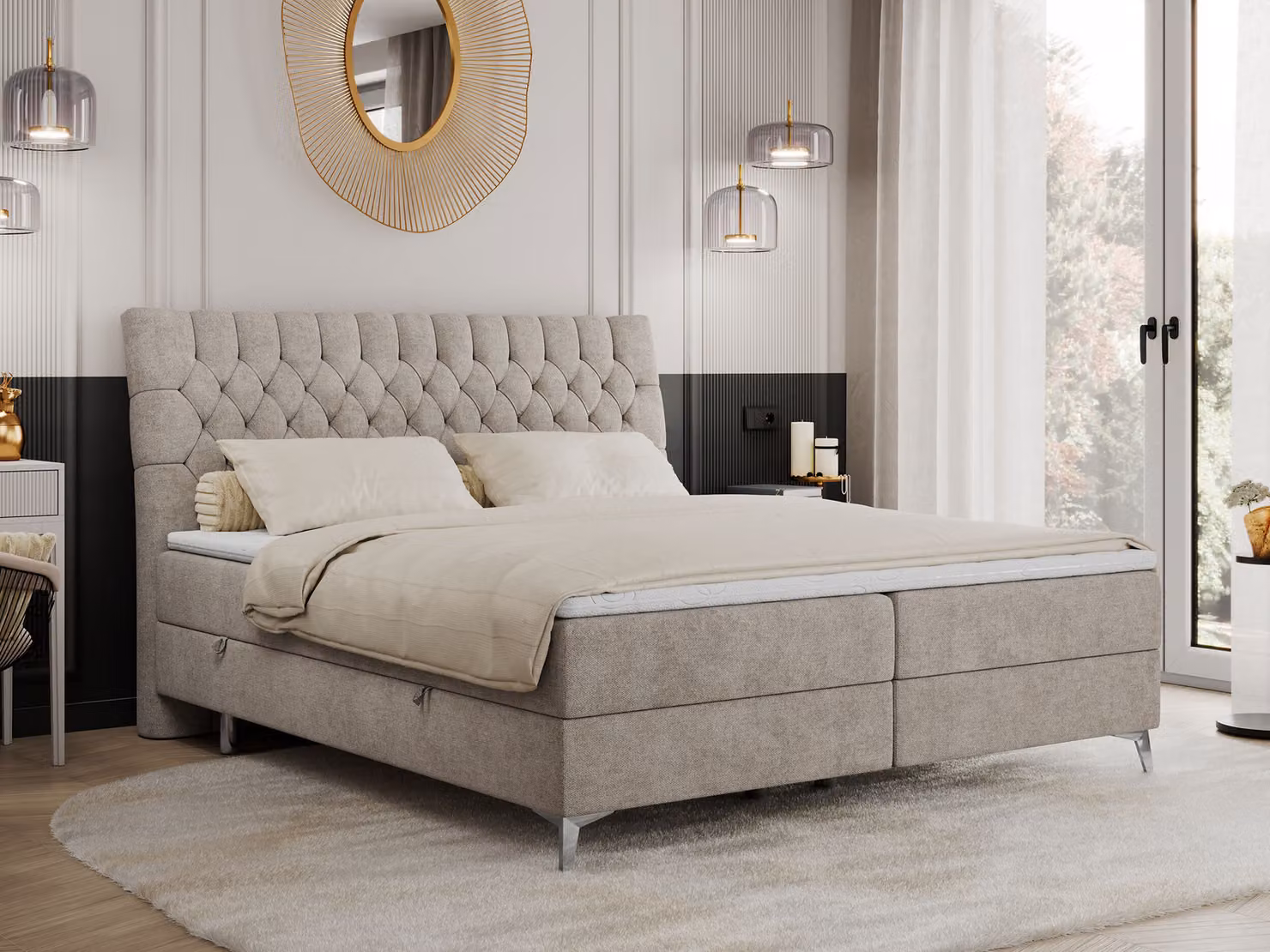 Letto boxspring 140x200 con 2 cassetti, materasso e topper, letto imbottito 140x200, letto 140x200 - MILEN - 140x200 cm - Beige - Struttura - H3