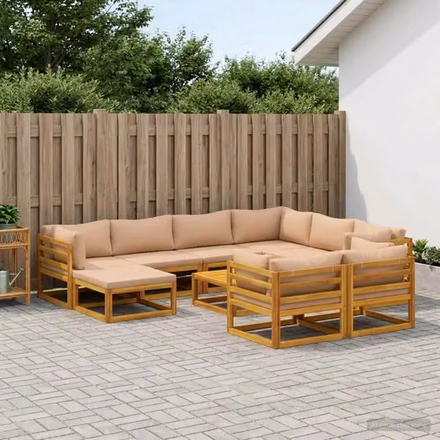 Set di divani da esterno vidaXL in legno di acacia massello con cuscini beige e marrone, composizione a L con elemento angolare, pouf e tavolino da caffè – 1