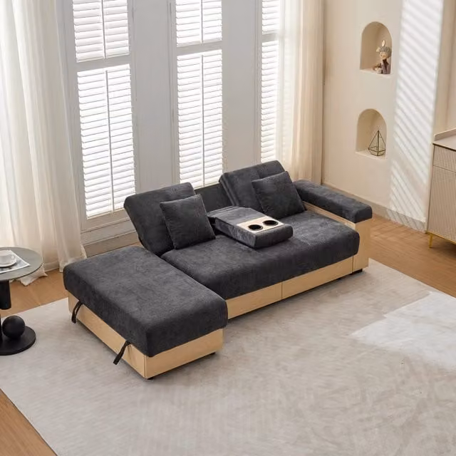 Divano letto con schienale reclinabile e vani contenitore laterali, portabevande e cuscini in ciniglia grigia 217 cm