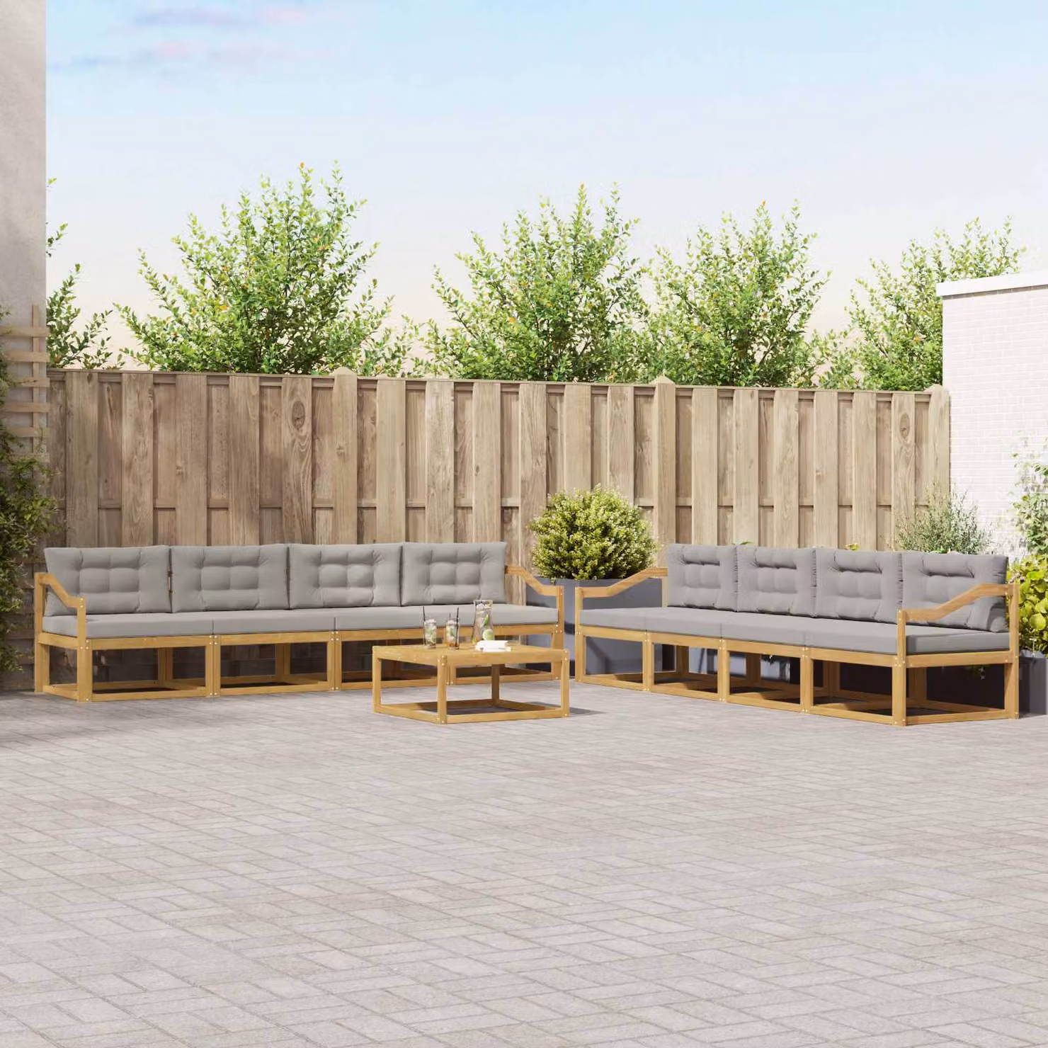 Set di divani da esterno vidaXL a forma di U composto da 9 pezzi con tavolino, in legno di acacia e tessuto bianco, grigio e marrone
