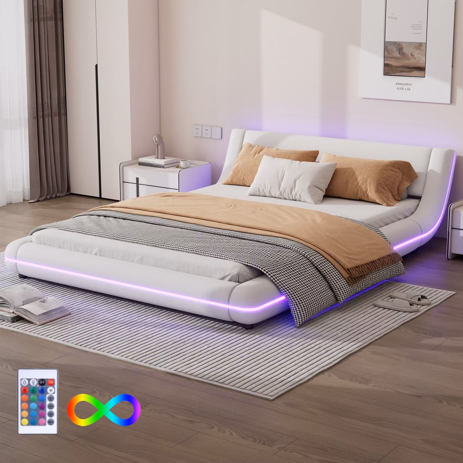 AIORBER Letto matrimoniale, 140x200 cm, Finto cuoio, resistente e stabile, luce ambientale a LED, telecomando a 24 tasti, letti imbottiti, bianco