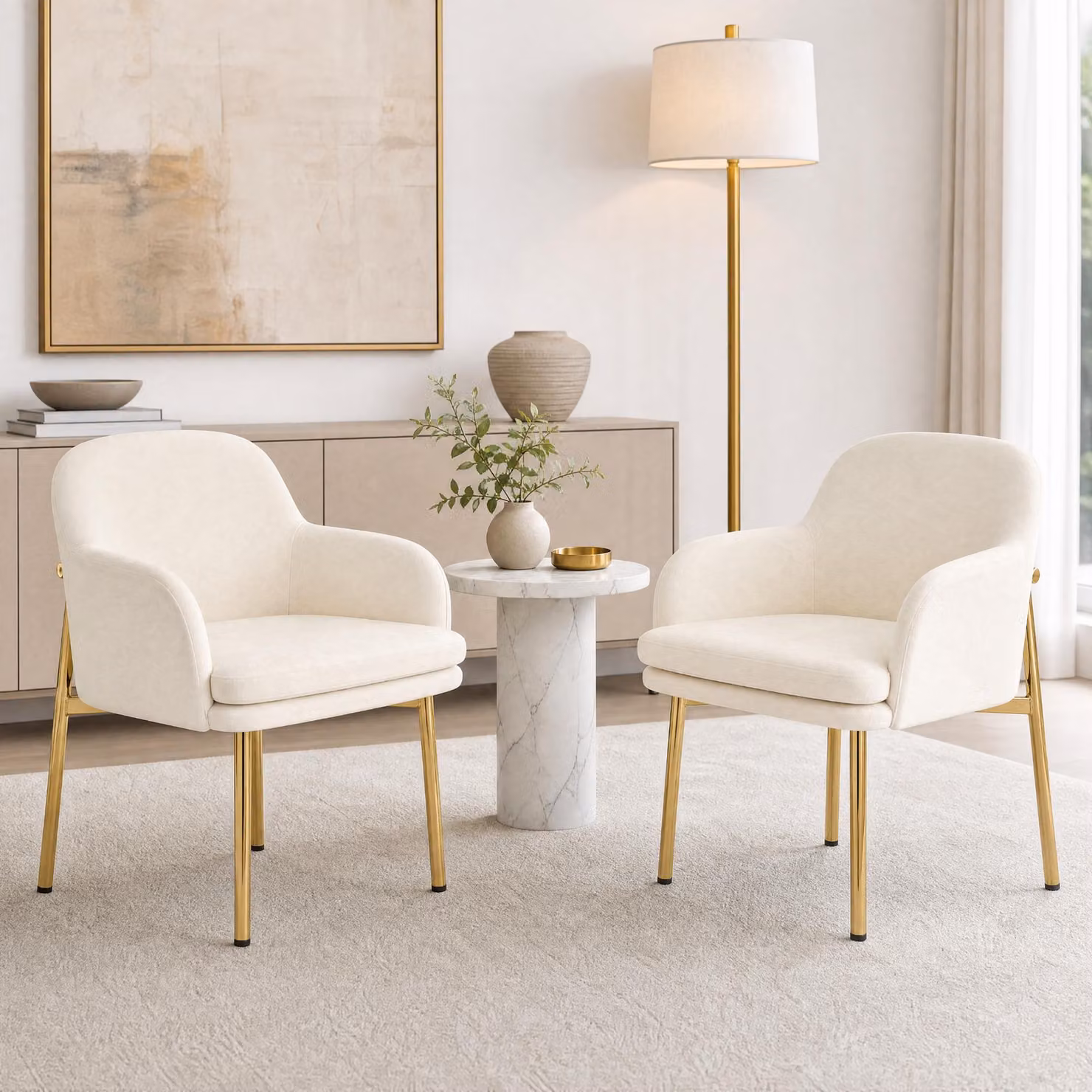 Set di 2 sedie da pranzo Flieks con braccioli, regolabili in altezza, imbottite, ideali per sala da pranzo, cucina. Dimensioni: 61x59x78,5 cm. Colore: bianco