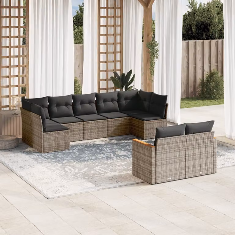 vidaXL Set Divano da Giardino a L 9 pz con Cuscini Grigio in Polyrattan e Struttura in Acciaio