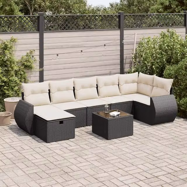 Set da giardino moderno vidaXL composto da 8 pezzi con cuscini bianchi e struttura in polyrattan nero e acciaio